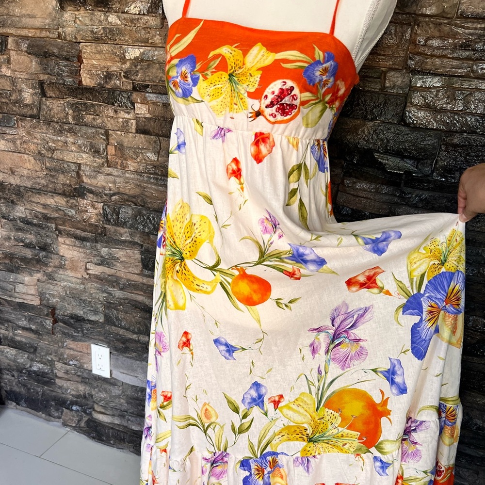 Rachel Zoe Cream Floral Maxi Dress with Bright Orange Trim - Picture 5 of 7